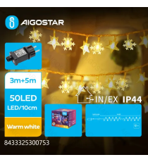 Catena luminosa a basso voltaggio con luci a fiocco di neve 50 led 5mt -luce calda 3000K- 8 giochi di luce -IP44 interno/esterno