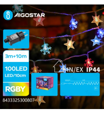 Catena luminosa a basso voltaggio con luci a fiocco di neve 100 led 10mt,RGBY multicolor,8 giochi di luce,IP44 interno/esterno