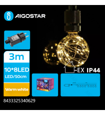 Catena luminosa a basso voltaggio con 10 lampadine G50 con filo di rame 5mt,luce calda 3000K IP44 interno/esterno