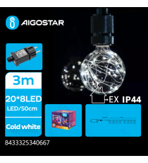 Catena luminosa a basso voltaggio con 20 lampadine G50 con filo di rame 10mt,luce fredda 6500K IP44 interno/esterno