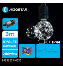 Catena luminosa a basso voltaggio con 10 lampadine G50 con filo di rame 5mt,luce fredda 6500K IP44 interno/esterno