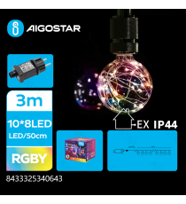 Catena luminosa a basso voltaggio con 20 lampadine G50 con filo di rame 10mt,RGBY multicolor IP44 interno/esterno