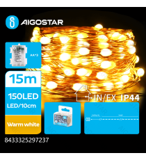 Catena luminosa a batteria 3AA con fili in rame 150 led 15mt - 2700K luce calda 8 modalità illuminazione IP44 interno/esterno