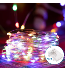Catena luminosa a batteria 3AA con fili in rame 50 led 5mt - RGBY multicolor,8 modalità illuminazione IP44 interno/esterno Catena luminosa a batteria 3AA con fili in rame 50 led 5mt - RGBY multicolor,8 modalità illuminazione IP44 interno/esterno