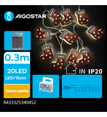 Catena luminosa a batteria 3AA con luci a calzini natalizi in legno 20 led 3mt - luce calda 3000K,IP20 da interno