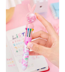 Penna a sfera multicolore, 10 colori, con simpatico cartone animato a tema coniglio con cuoricini glitterati, 17.5cm, rosa Penna a sfera multicolore, 10 colori, con simpatico cartone animato a tema coniglio con cuoricini glitterati, 17.5cm, rosa