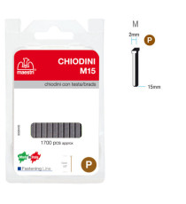 Chiodini M15 per fissatrici - con testa - 15 mm - acciaio - Romeo Maestri - conf. 1700 pezzi Chiodini M15 per fissatrici - con testa - 15 mm - acciaio - Romeo Maestri - conf. 1700 pezzi