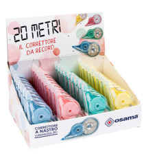 Correttore a nastro 20 Metri - 5 mm x 20 m - involucro colori assortiti pastello - Osama Correttore a nastro 20 Metri - 5 mm x 20 m - involucro colori assortiti pastello - Osama