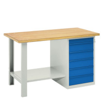 Banco da lavoro - 6 cassetti blu - 150 x 75 x 90 cm - grigio/legno - Tecnotelai