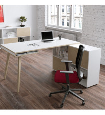 Workstation Midi - gambe in legno - 130 x 120 x H 81,5 cm - bianco / rovere