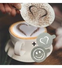 Stencil per caffè - 10 x 12,4 x 0,1 cm - forma cuore e smile - Securit - set 2 pezzi Stencil per caffè - 10 x 12,4 x 0,1 cm - forma cuore e smile - Securit - set 2 pezzi