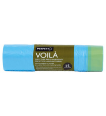 Sacchi per rifiuti con maniglie Voilà - 50x60 cm - 30 L - 15 micron - azzurro - Perfetto - rotolo da 15 sacchetti Sacchi per rifiuti con maniglie Voilà - 50x60 cm - 30 L - 15 micron - azzurro - Perfetto - rotolo da 15 sacchetti