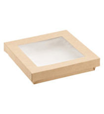 Scatola da asporto - con finestra trasparente - 18 x 18 x 5 cm - carta kraft/PE - avana - Leone - conf. 20 pezzi Scatola da asporto - con finestra trasparente - 18 x 18 x 5 cm - carta kraft/PE - avana - Leone - conf. 20 pezzi