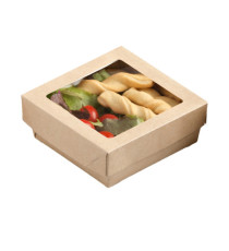 Scatola da asporto - con finestra trasparente - 18 x 18 x 5 cm - carta kraft/PE - avana - Leone - conf. 20 pezzi Scatola da asporto - con finestra trasparente - 18 x 18 x 5 cm - carta kraft/PE - avana - Leone - conf. 20 pezzi