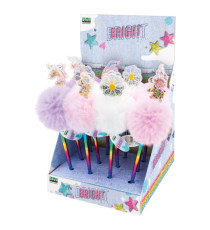 Penne a sfera Bright - pom pom e paillette - fantasie assortite - Lebez - expo 12 pezzi Penne a sfera Bright - pom pom e paillette - fantasie assortite - Lebez - expo 12 pezzi