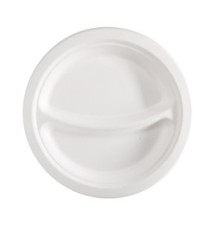 Piatto piano a 2 scomparti monouso - rotondo - diametro 23 cm - canna da zucchero - bianco - Signor Bio - conf. 50 pezzi