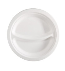 Piatto piano a 2 scomparti monouso - rotondo - diametro 23 cm - canna da zucchero - bianco - Signor Bio - conf. 50 pezzi