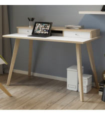 Postazione Home-Office - con sopralzo - gambe in legno -120 x 60 x H 74,4 cm - bianco / rovere