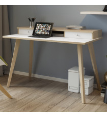 Postazione Home-Office - con sopralzo - gambe in legno -120 x 60 x H 74,4 cm - bianco / rovere