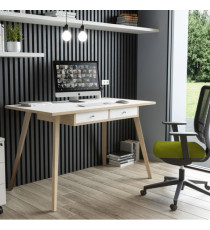Postazione Home-Office - con sottopiano - gambe in legno -120 x 60 x H 74,4 cm - bianco / rovere