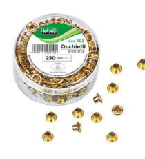 Occhielli ottonati - per occhiellatrice - diametro 5 mm - oro - Lebez - conf. 250 pezzi Occhielli ottonati - per occhiellatrice - diametro 5 mm - oro - Lebez - conf. 250 pezzi