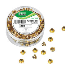 Occhielli ottonati - per occhiellatrice - diametro 5 mm - oro - Lebez - conf. 250 pezzi Occhielli ottonati - per occhiellatrice - diametro 5 mm - oro - Lebez - conf. 250 pezzi