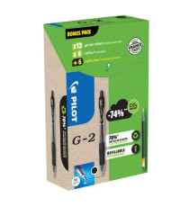 Penna roller gel scatto G-2+ - punta 0,7 mm - 12 refill inclusi - nero - Pilot - conf. 12 pezzi