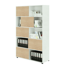 Libreria alta Tetris a 5 ripiani ante scorrevoli - 120x35 x191 cm - bianco/rovere