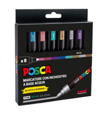 Marcatore Uni Posca PC5M - punta media 1,8-2,5 mm - colori assortiti metal - Uni Mitsubishi - conf. 8 pezzi
