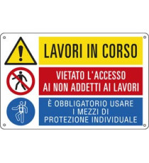 Cartello segnalatore multisimbolo - 50x33,3 cm - LAVORI IN CORSO/VIETATO L'ACCESSO…/E' OBBLIGATORIO… - alluminio - C Cartello segnalatore multisimbolo - 50x33,3 cm - LAVORI IN CORSO/VIETATO L'ACCESSO…/E' OBBLIGATORIO… - alluminio - C