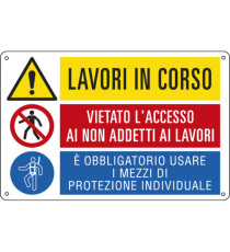 Cartello segnalatore multisimbolo - 50x33,3 cm - LAVORI IN CORSO/VIETATO L'ACCESSO…/E' OBBLIGATORIO… - alluminio - C Cartello segnalatore multisimbolo - 50x33,3 cm - LAVORI IN CORSO/VIETATO L'ACCESSO…/E' OBBLIGATORIO… - alluminio - C