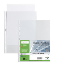 Buste forate Atla T - pesante - liscio - 18x24 cm - trasparente - Sei Rota - conf. 25 pezzi Buste forate Atla T - pesante - liscio - 18x24 cm - trasparente - Sei Rota - conf. 25 pezzi