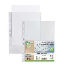 Buste forate Gea 100 - PP riciclato - buccia medium - 22 x 30 cm - Sei rota - conf. 50 pezzi Buste forate Gea 100 - PP riciclato - buccia medium - 22 x 30 cm - Sei rota - conf. 50 pezzi