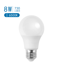 Lampadina led A60 8W attacco E27 730 lumen - 6400K luce fredda - misura D60Hx108mm equivale a 55W a incandescenza Lampadina led A60 8W attacco E27 730 lumen - 6400K luce fredda - misura D60Hx108mm equivale a 55W a incandescenza