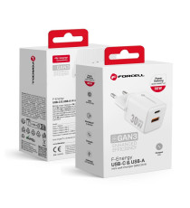 Caricabatterie da muro USB-A e USB-C type-c 30W 3A Forcell F-Energy Mini GaN III VT-35 bianco caricatore PD e Quick Charge 4.0 Caricabatterie da muro USB-A e USB-C type-c 30W 3A Forcell F-Energy Mini GaN III VT-35 bianco caricatore PD e Quick Charge 4.0