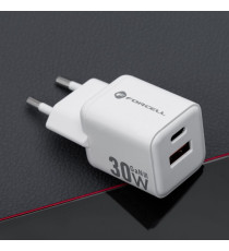 Caricabatterie da muro USB-A e USB-C type-c 30W 3A Forcell F-Energy Mini GaN III VT-35 bianco caricatore PD e Quick Charge 4.0 Caricabatterie da muro USB-A e USB-C type-c 30W 3A Forcell F-Energy Mini GaN III VT-35 bianco caricatore PD e Quick Charge 4.0