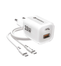 Pack caricabatterie da muro 2 porte USB-A e USB-C 33W white Forcell F-Energy Crystal VT-41 cavo type-c PD QC4.0 tecnologia GaN3 Pack caricabatterie da muro 2 porte USB-A e USB-C 33W white Forcell F-Energy Crystal VT-41 cavo type-c PD QC4.0 tecnologia GaN3