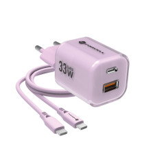 Pack caricabatterie da muro 2 porte USB-A e USB-C 33W purple Forcell F-Energy Crystal VT-41 cavo type-c PD QC4.0 tecnologia GaN3 Pack caricabatterie da muro 2 porte USB-A e USB-C 33W purple Forcell F-Energy Crystal VT-41 cavo type-c PD QC4.0 tecnologia GaN3