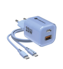 Pack caricabatterie da muro 2 porte USB-A e USB-C 33W blue Forcell F-Energy Crystal VT-41 cavo type-c PD QC4.0 tecnologia GaN3 Pack caricabatterie da muro 2 porte USB-A e USB-C 33W blue Forcell F-Energy Crystal VT-41 cavo type-c PD QC4.0 tecnologia GaN3