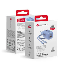 Pack caricabatterie da muro 2 porte USB-A e USB-C 33W blue Forcell F-Energy Crystal VT-41 cavo type-c PD QC4.0 tecnologia GaN3 Pack caricabatterie da muro 2 porte USB-A e USB-C 33W blue Forcell F-Energy Crystal VT-41 cavo type-c PD QC4.0 tecnologia GaN3