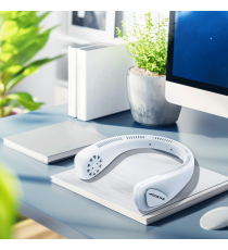 Ventilatore da collo 8 pollici 4W, bianco a 3 velocità, 1200mAh, Design a doppia turbina sinistra e destra, Ricarica USB Ventilatore da collo 8 pollici 4W, bianco a 3 velocità, 1200mAh, Design a doppia turbina sinistra e destra, Ricarica USB