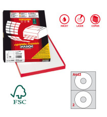 Etichette adesive A/463 - in carta - permanenti - diametro CD 117,5 mm - foro 41 mm - 2 et/fg - 100 fogli - bianco - Mar