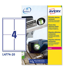 Etichette adesive L4774 - in poliestere - laser - permanenti - 99,1 x 139 mm - 4 et/fg - 20 fogli - bianco - Avery Etichette adesive L4774 - in poliestere - laser - permanenti - 99,1 x 139 mm - 4 et/fg - 20 fogli - bianco - Avery