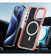 Cover in fibra di carbonio con magsafe per Iphone 17 Pro fintura orange con pulsanti in alluminio, altissima qualità Cover in fibra di carbonio con magsafe per Iphone 17 Pro fintura orange con pulsanti in alluminio, altissima qualità