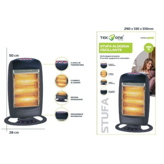 Stufa alogena oscillante TekOne 0000YQ-12S 1200W, 3 candele al quarzo, 3 livelli di potenza, Dimensioni: 28x13x50cm Stufa alogena oscillante TekOne 0000YQ-12S 1200W, 3 candele al quarzo, 3 livelli di potenza, Dimensioni: 28x13x50cm
