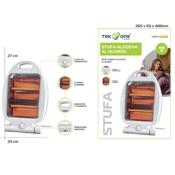 Stufa alogena al quarzo TekOne 0000NSB-80 800W, 2 lampade al quarzo, 2 livelli di potenza, Dimensioni: 23x27cm Stufa alogena al quarzo TekOne 0000NSB-80 800W, 2 lampade al quarzo, 2 livelli di potenza, Dimensioni: 23x27cm