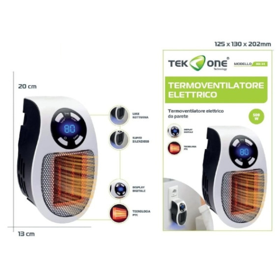 Termoventilatore elettrico da parete TekOne 0000MH-04 500W,Display a LED e timer, spina girevole a 180 gradi, 20x13cm Termoventilatore elettrico da parete TekOne 0000MH-04 500W,Display a LED e timer, spina girevole a 180 gradi, 20x13cm