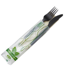 Bis coltello e forchetta - CPLA - con tovagliolo - nero - Leone - conf. 250 pezzi