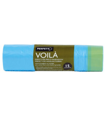 Sacchi per rifiuti con maniglie Voilà - 50x60 cm - 30 L - 15 micron - azzurro - Perfetto - rotolo da 15 sacchetti