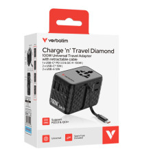 Adattatore - da viaggio universale - GaN III - con cavo USB-C retrattile - Nero - Verbatim